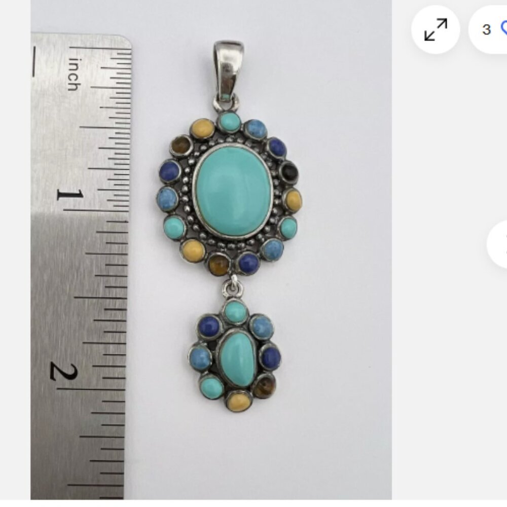 Signed 925 CFJ Thai Sterling Silver Multi Stone TURQUOISE Pendant 2.15"